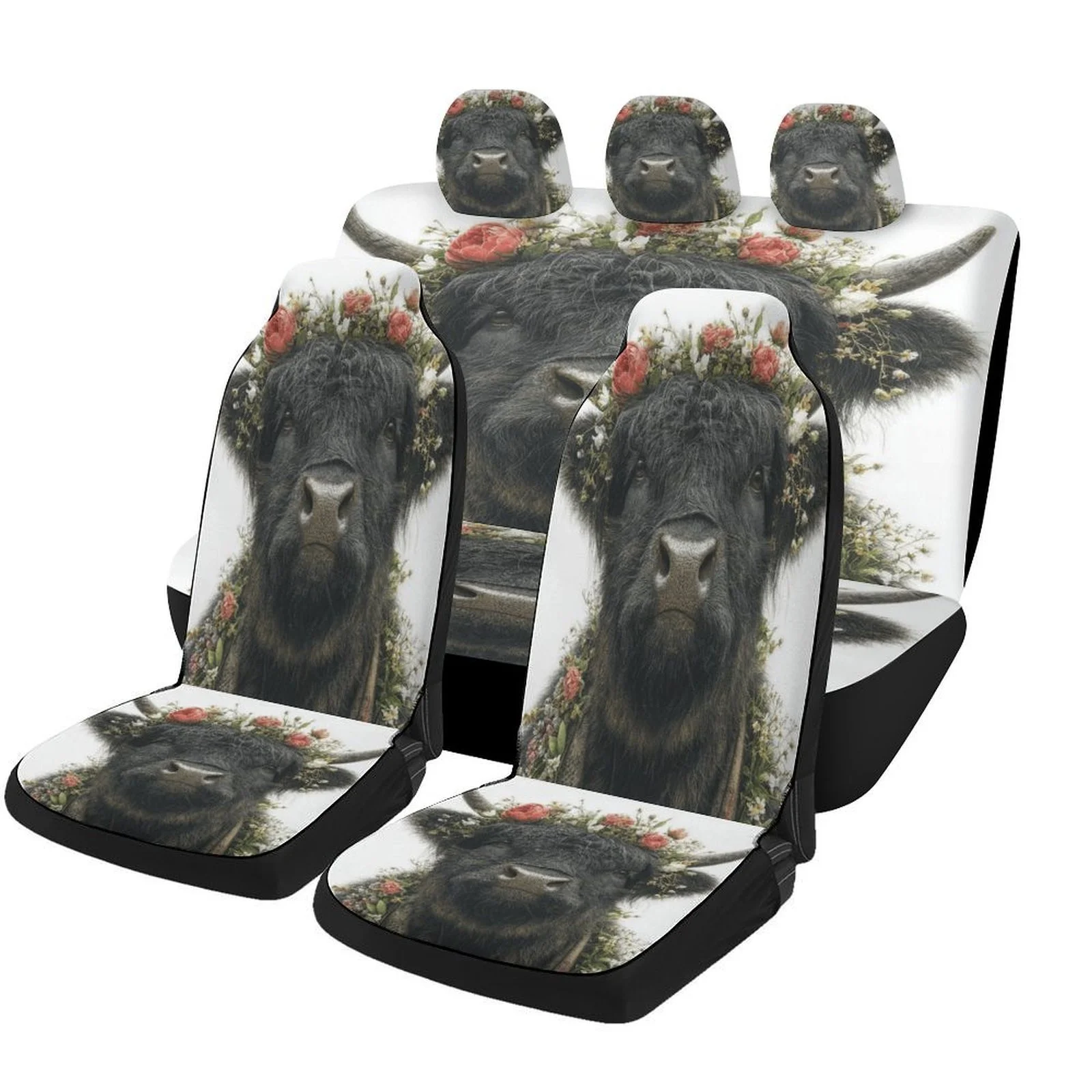 Floral Bull Portrait Themed Car Seat Cover Set For Most Cars, Fashionable Novelty Car Seat Protector Covers Full Set, Car Seat