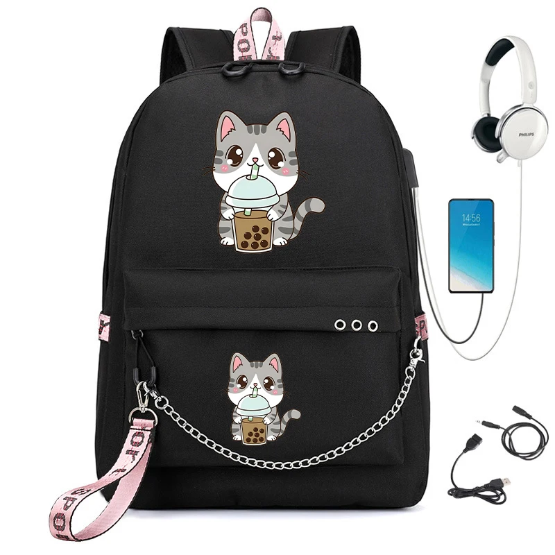 Tas ransel sekolah teh Boba kucing imut, tas ransel Laptop untuk pelajar, remaja, wanita, tas punggung sekolah, tas ransel Harajuku