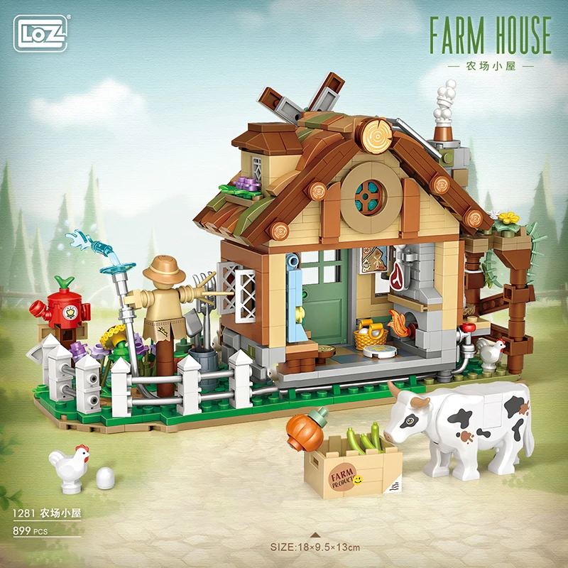 LOZ Creative Windmill Farm House Animal Homeland Building Block Moc Farm Cabin Garden Cart Cow Toys Assembly Brick For Kids Gift