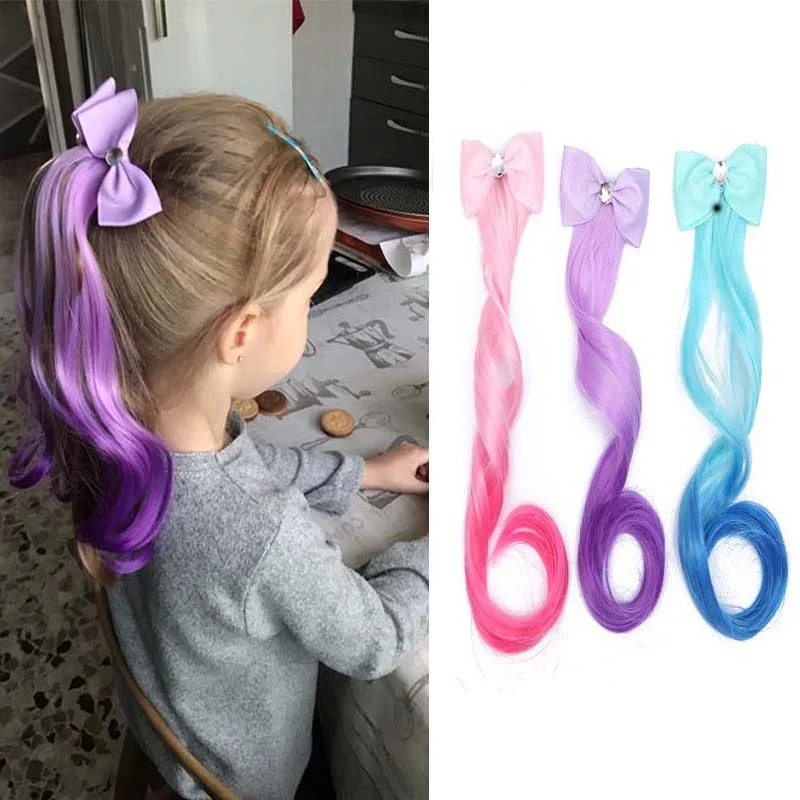 Schattige Kinderen Gradiënt Strik Haarclips Hoofdtooi Paardenstaart Haartouwen Baby Meisjes Nieuwe Kleurrijke Pruik Pigtail Elastische Kinderen Hoofddeksels