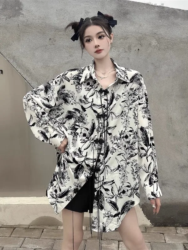 SuperAen-Camiseta de protección solar con estampado de tinta y botones Retro, camiseta holgada de diseño para mujer, camiseta china nueva para primavera y verano