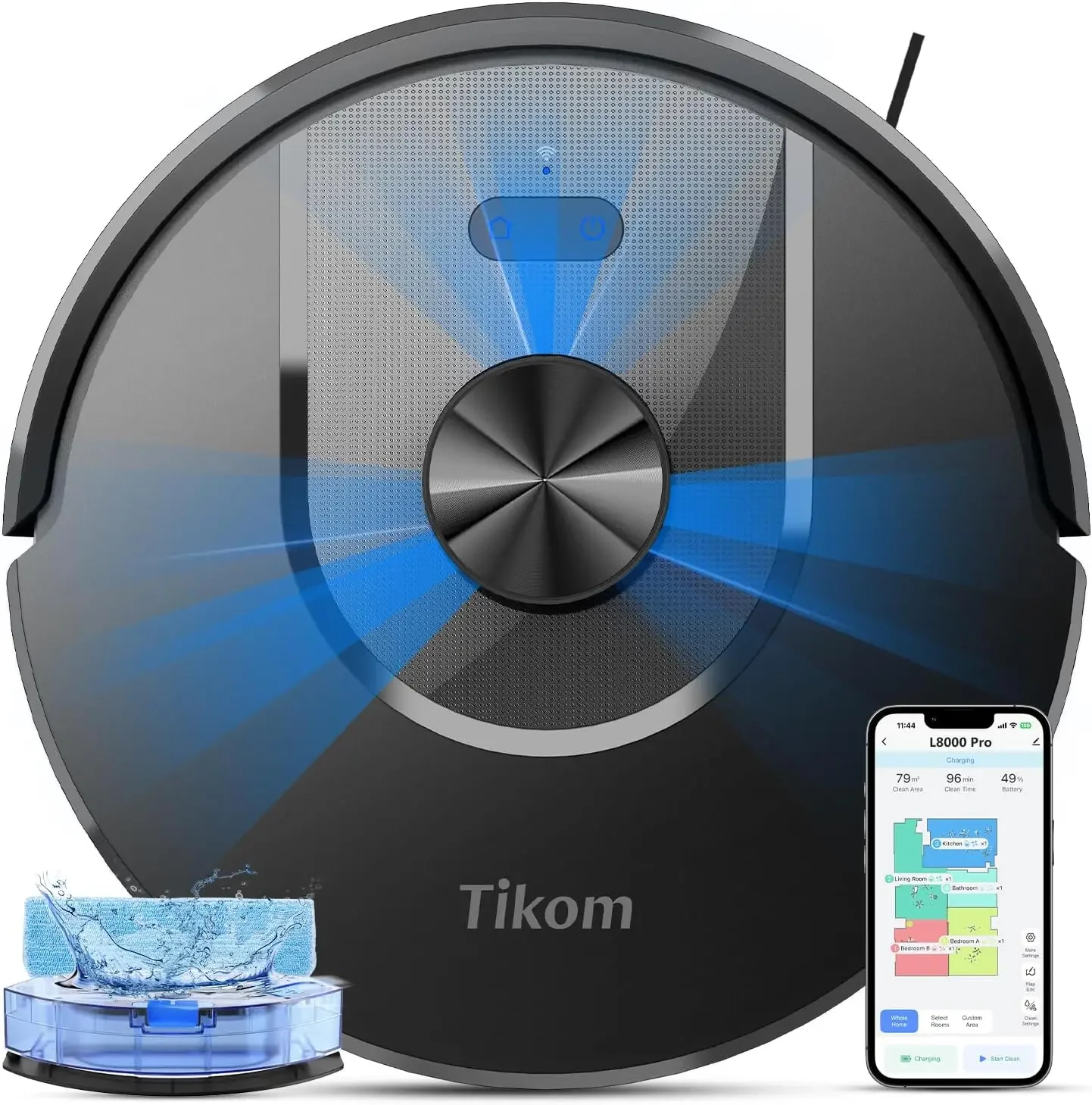 

Robot Vacuum and Mop Combo, 6000Pa Automatic Robotic Vacuum Cleaner, Smart Mapping, 150 Min Max, Ideal for Pet Hair, Hardfloors,