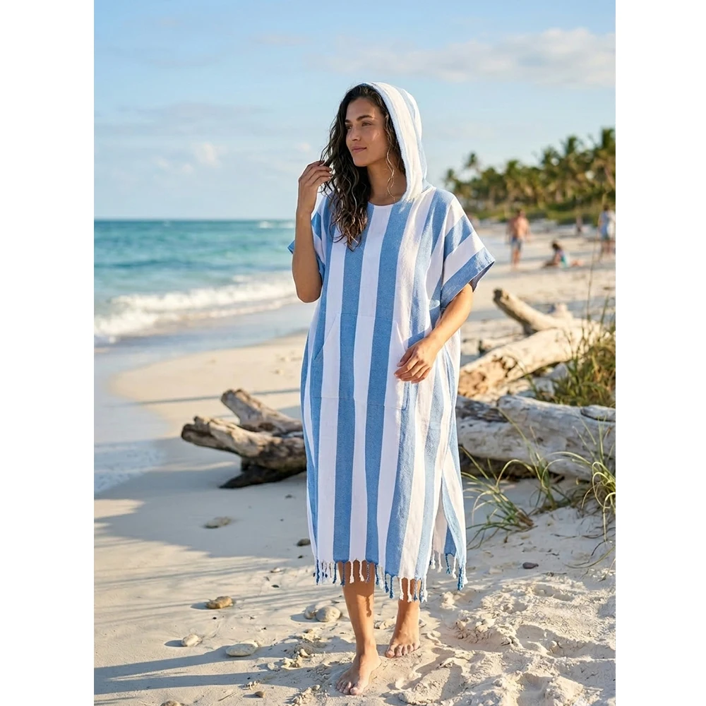 Tragbares türkisches gestreiftes Strandtuch, sandabweisend und schnelltrocknend, 100% Baumwolle Surf-Poncho-Bademantel, Kapuzen-Neoprenanzug-Umziehmantel