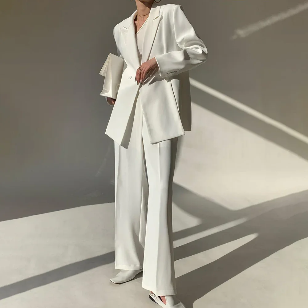 Summer White Women Suits Slim Elegant Peak Lapel Solid Party Prom Wedding Tuxedo Formal Casual Office Pants Sets (Jacket+Pants)