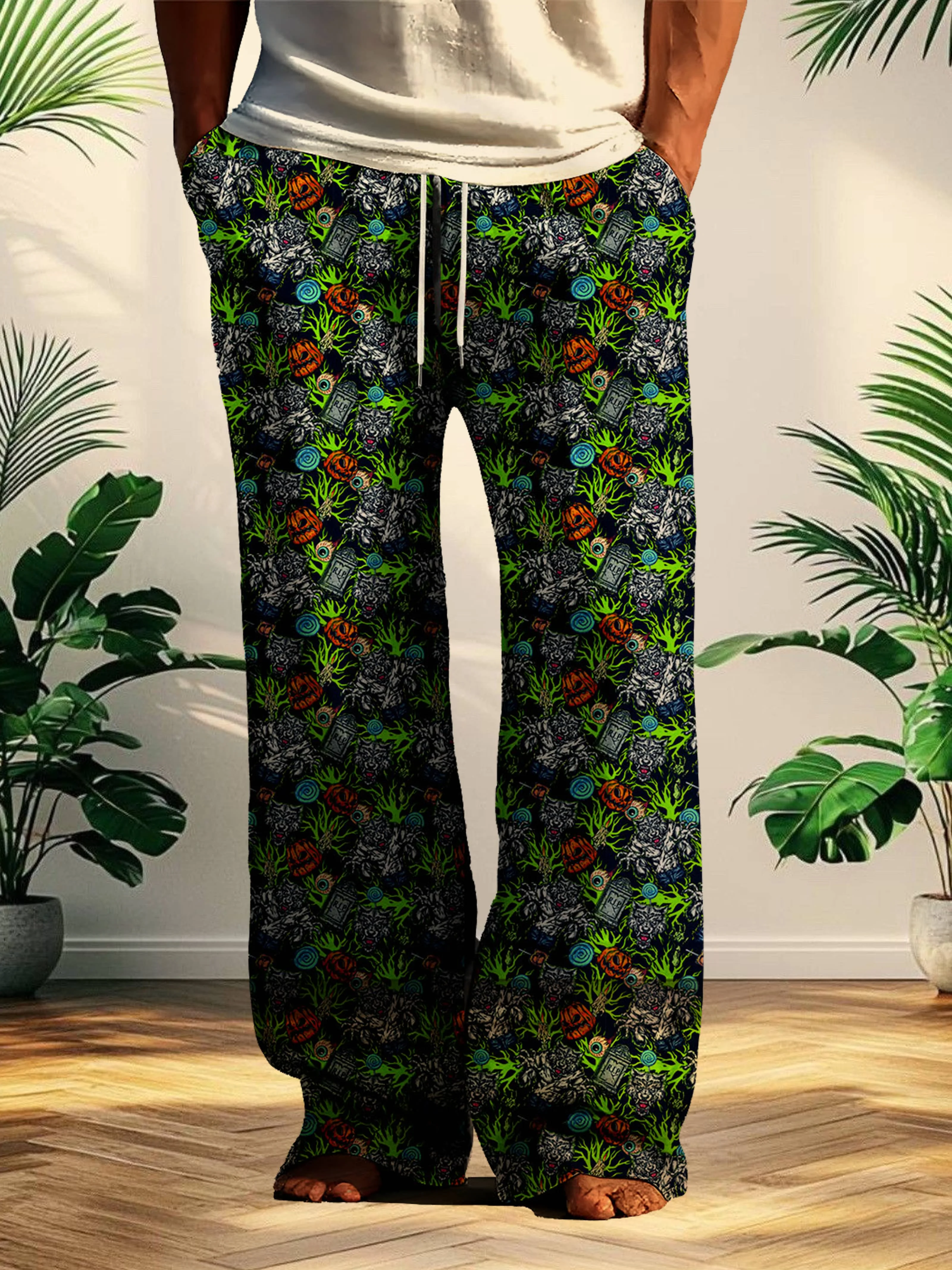 

Men's long pants with 3Ddigital printing Halloween theme pattern,loose wide leg pants for street leisure, fast drying non fading