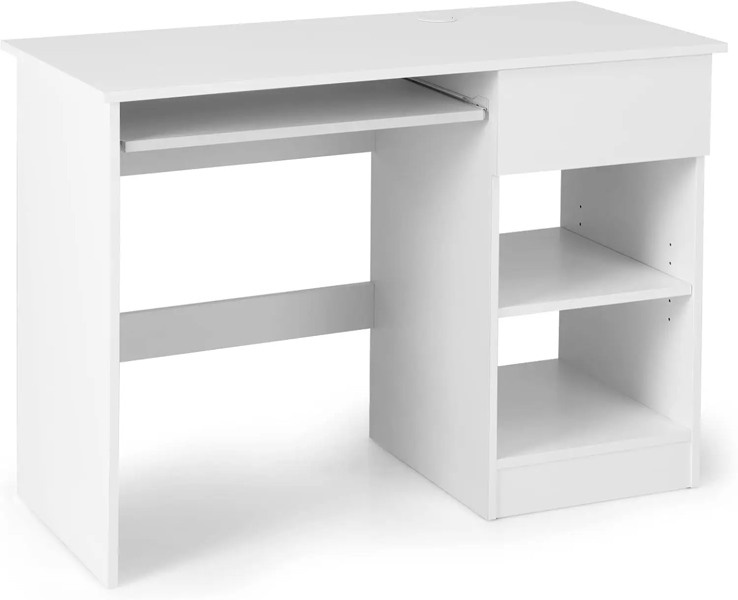 White Computer Desk with Drawers, Modern Office Desk with Keyboard Tray and Open Storage Shelf, Work Desk for Home Office