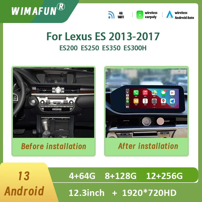 12.3Inch For Lexus ES/200/250/350/300H 2013-2017 Android 13 Car Radio GPS Qualcomm CarPlay Multimedia Video Player OEM Menu GPS