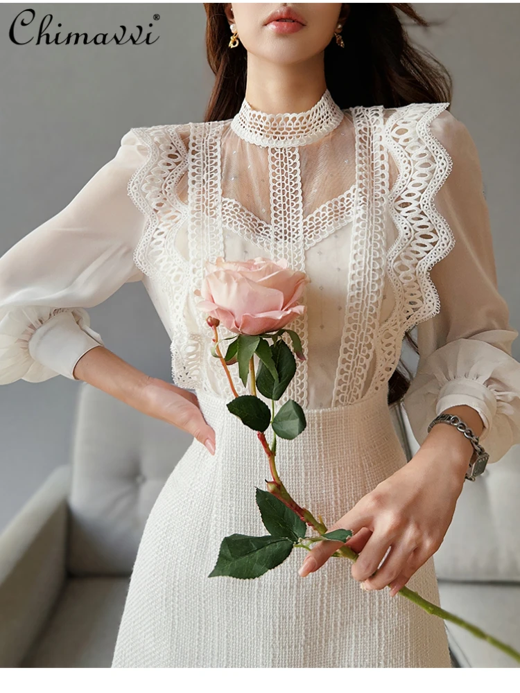 

French Elegant Commuter White Chiffon Splicing Hollow Lace Stand Neck Long Sleeve High Waist A-line Slim White Short Dress Women