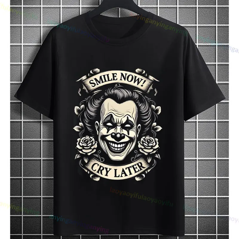 Funny Clown Face Graphic T-shirt with "Smile Now Cry Later" Printed Short-sleeve Pure Cotton Humor Style Casual Outdoor Tshirt view 2