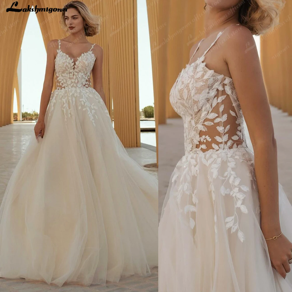 Lakshmigown فساتين زفاف بحمالات سباغيتي بلون الشمبانيا 2025 على شكل حرف a دانتيل زينة سويب تراين فيستدوس دي نوفيا مخصصة