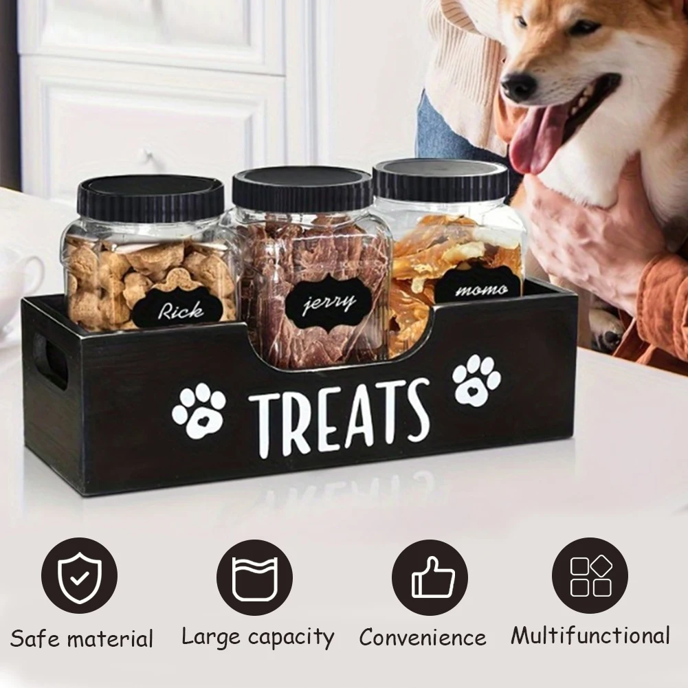 

Wooden Pet Snack Storage Box with Plastic Treat Jar Food Storage Holder Pet Supplies (Black)