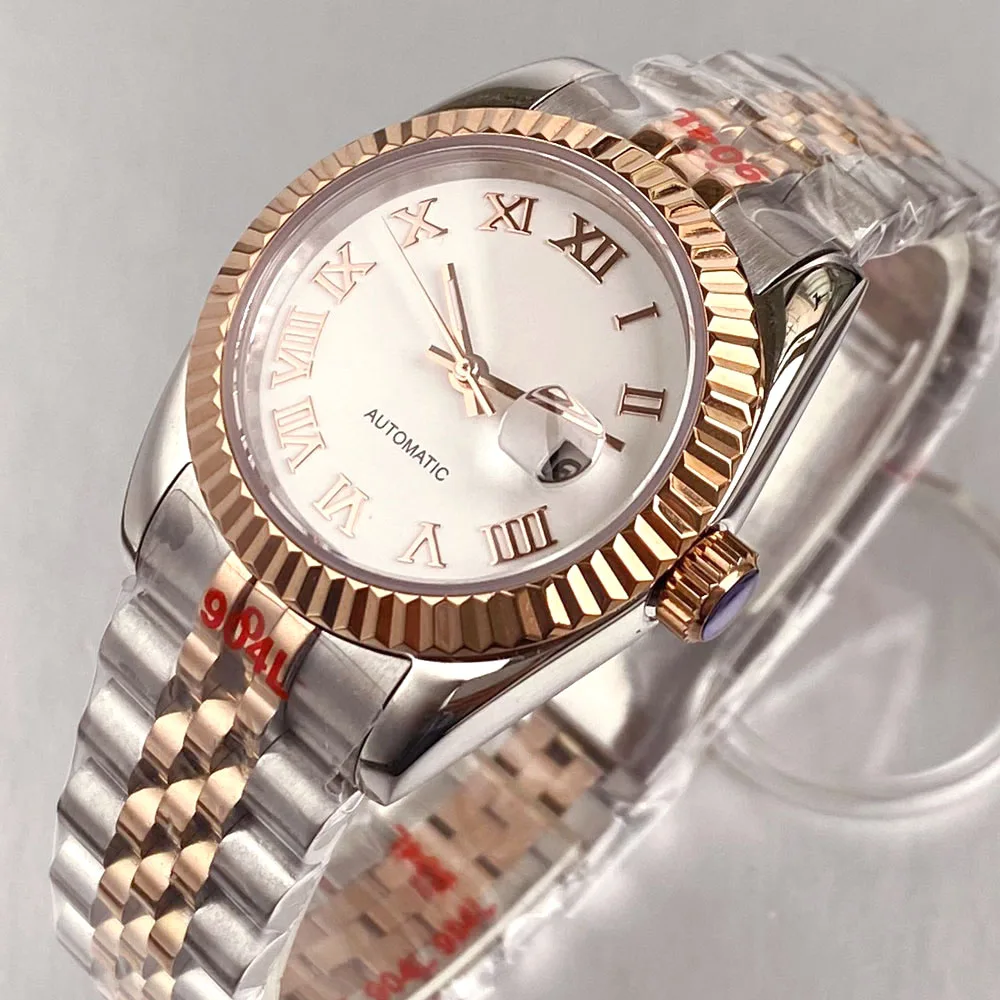 Roman Rose Gold Hour Marker Silver Rose Two Tone 31mm Sapphire Glass 10ATM NH05 Automatic Movement Ladies' Watch Fluted Bezel