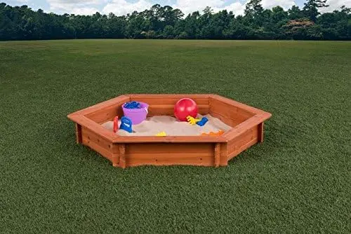 Hexagon Wooden Sandbox w Seat Boards | Eco-Friendly Cover & Ground Liner | 59" x 51" x 9" | 3/4" Cedar Boards | Easy DIY Assembl