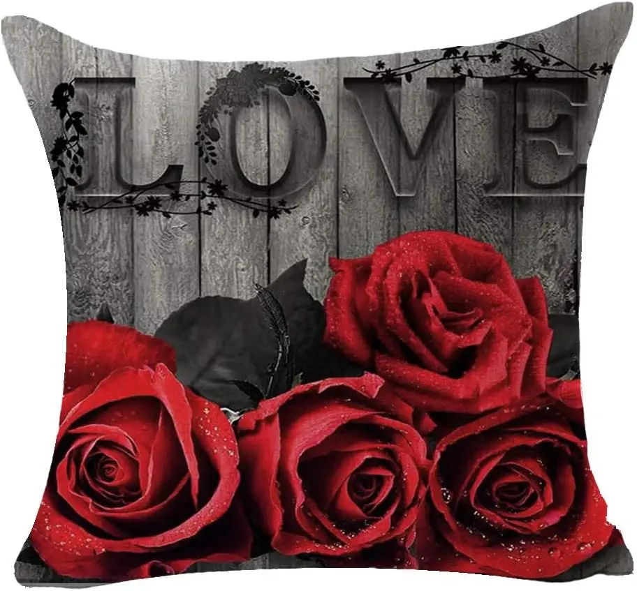 Plant Beautiful Red Rose Gray Background Linen Square Decorative Throw Pillow Cover Cushion Case Bed Sofa Family Birthday