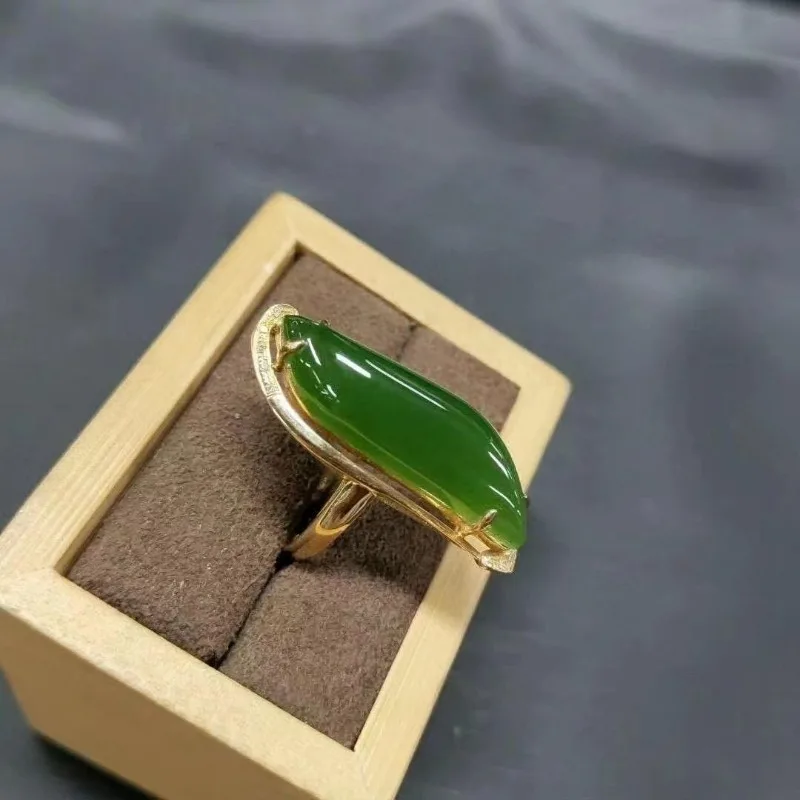 Fashion natural Hotan Jade ring Classic glossy silver inlaid vintage Willow leaf green rings for women fien jewelry adjustable