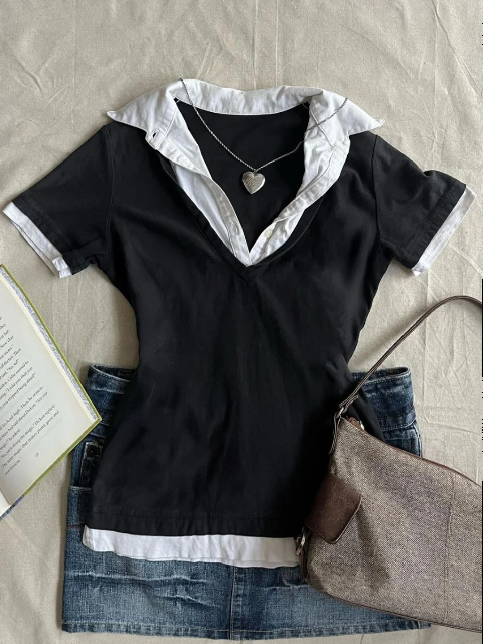 

Оригинальная футболка n Girl Bla White контрастного цвета с воротником irt, искусственная двухсекционная футболка ort Sve, винтажный летний топ