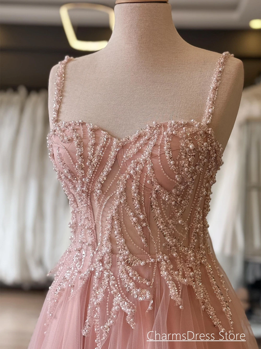 Customized Evening Dress Sexy Spaghetti Straps Sweetheart See Through Pearls Sequined Ruffles Tulle A Line Prom Gown