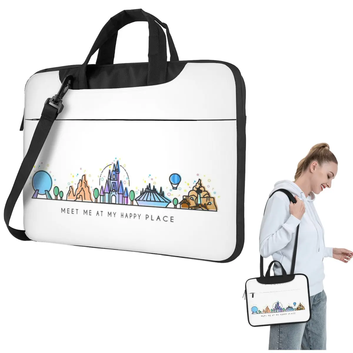 

Meet Me At My Happy Place Vector Orlando Theme Park Сумка для ноутбука через плечо Сумка для компьютера 13, 14, 15,6-дюймовая сумка для ноутбука