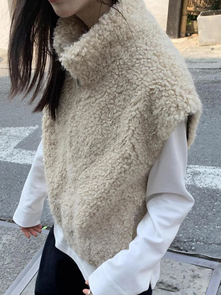 Streetwear Y2K Faux Lamb Vest Women Vintage Stand Collar Warm Vest Winter Casual Female Zipper American Harajuku Retro Tops Vest
