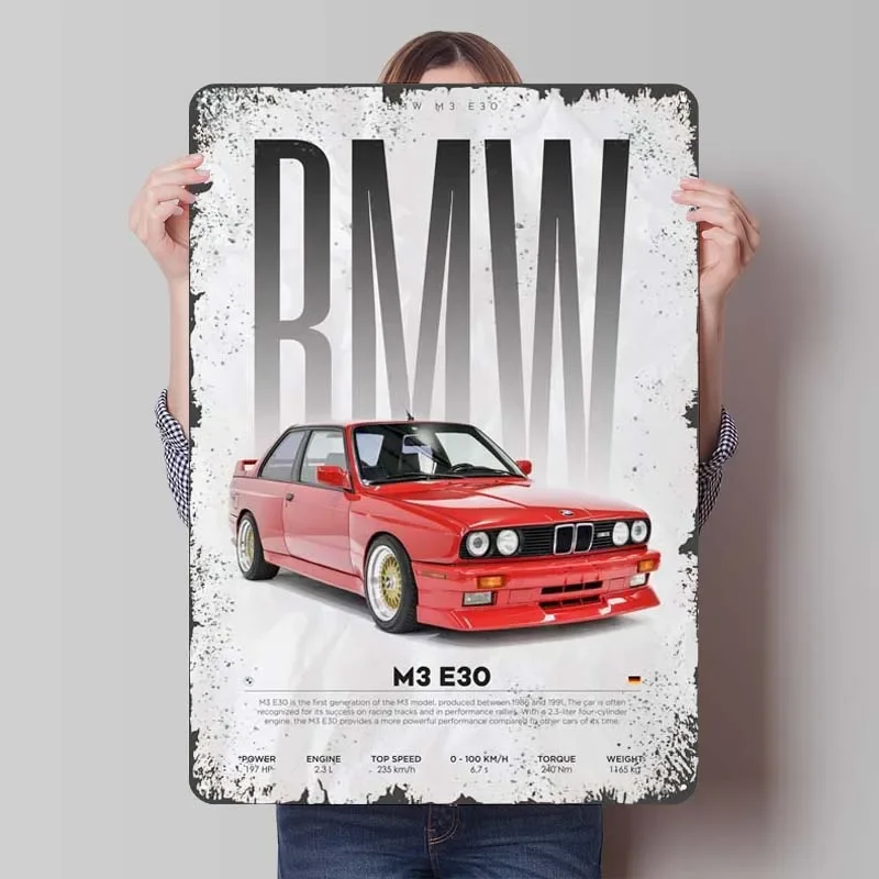 BMW M3 E30 Metal Sign Cars Poster Art Mural Retro Tinplate Signs for Garage Wall Art Decoration Living Room Decoration Man Decor