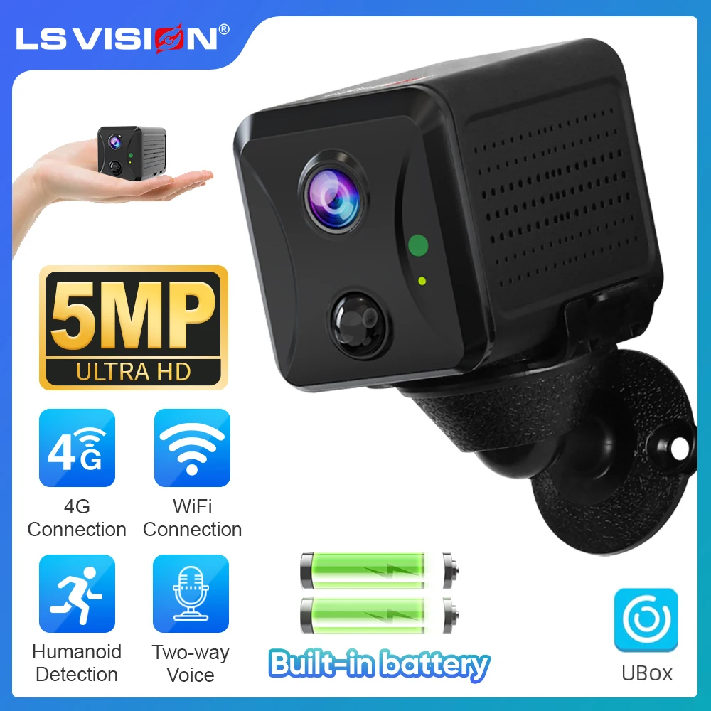 LS VISION 5MP 4G Мини-камера видеонаблюдения Беспроводная внутренняя Wi-Fi PIR Обнаружение человека Ночное видение Встроенный аккумулятор Камеры наблюдения