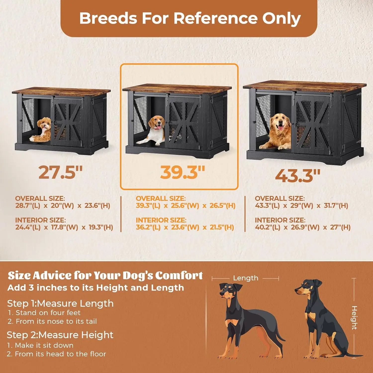 Indoor Bedroom and Living Room Use, Wooden, Black, Heavy Duty Farmhouse Dog Crate with Double Doors and Chew Resistance