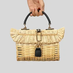 Summer Retro Handmade Rattan Weaving Designer Bag PU Handle Trendy Beach Handbags for Women Holiday Style Tote Bags