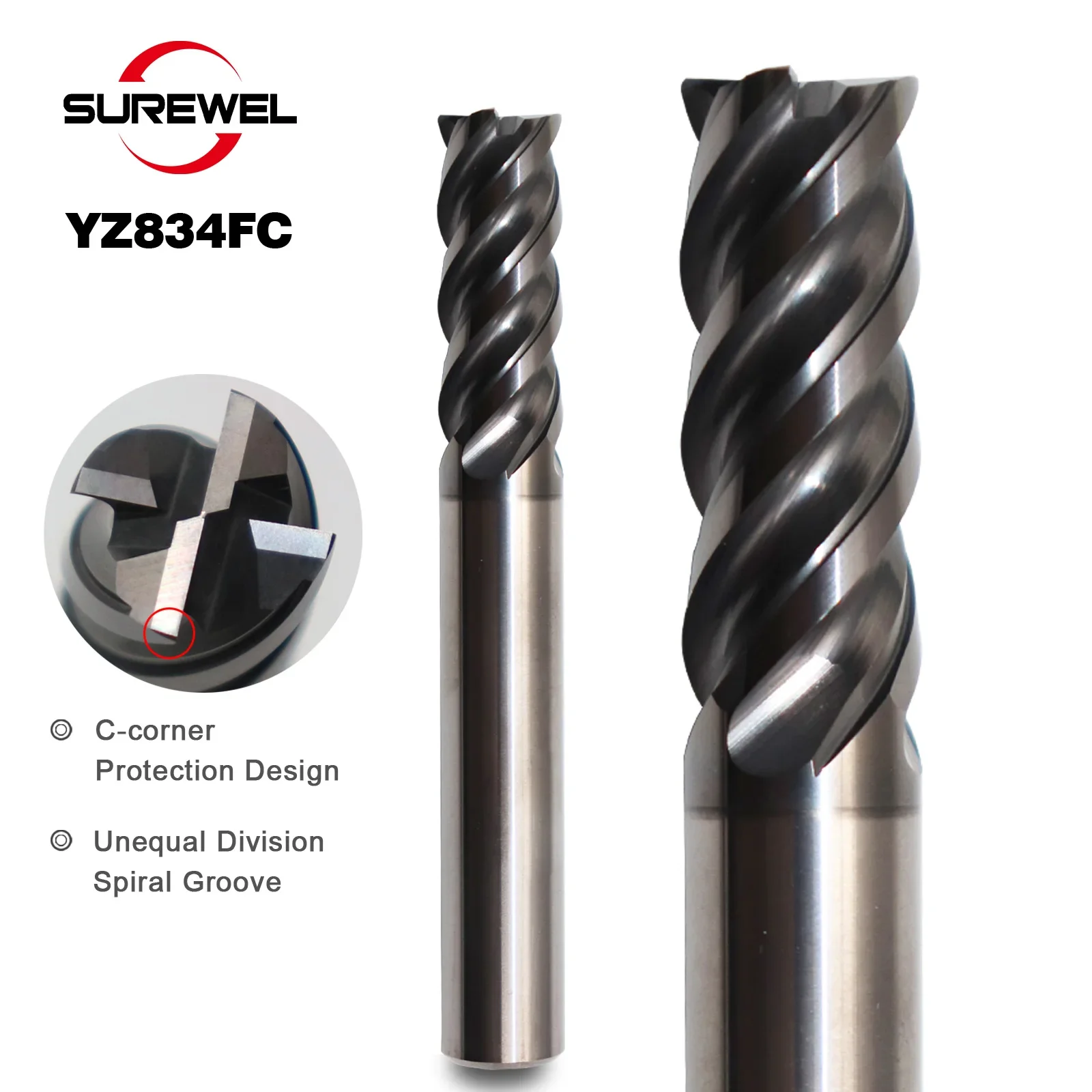 

SUREWEL HRC55 AlCrN Coated Solid Carbide End Mill Bit 3mm-20mm Shank 4-Flute Milling Cutter for Stainless Steel Metallic materia
