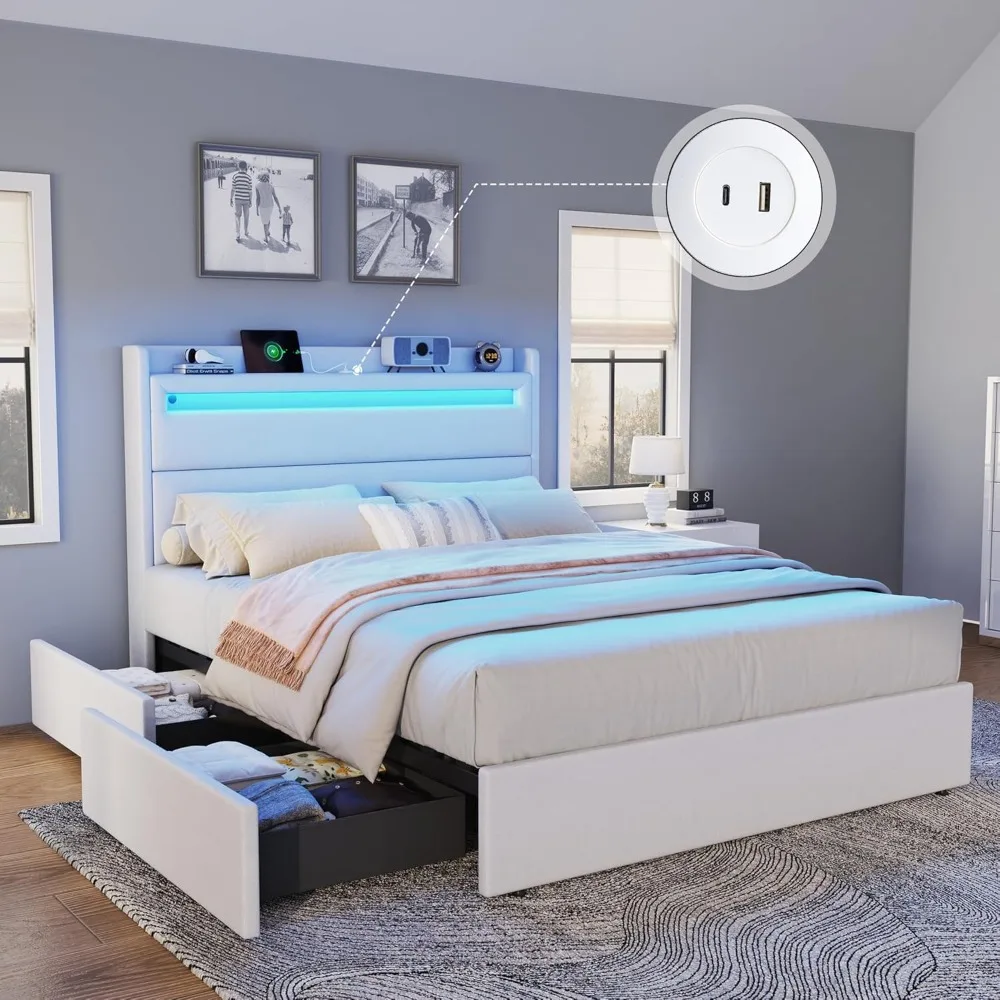 

Queen Size Padded Upholstered Platform Bed Frame with RGBW LED Storage Headboard, 4 Foldable Storage Drawers & Charging