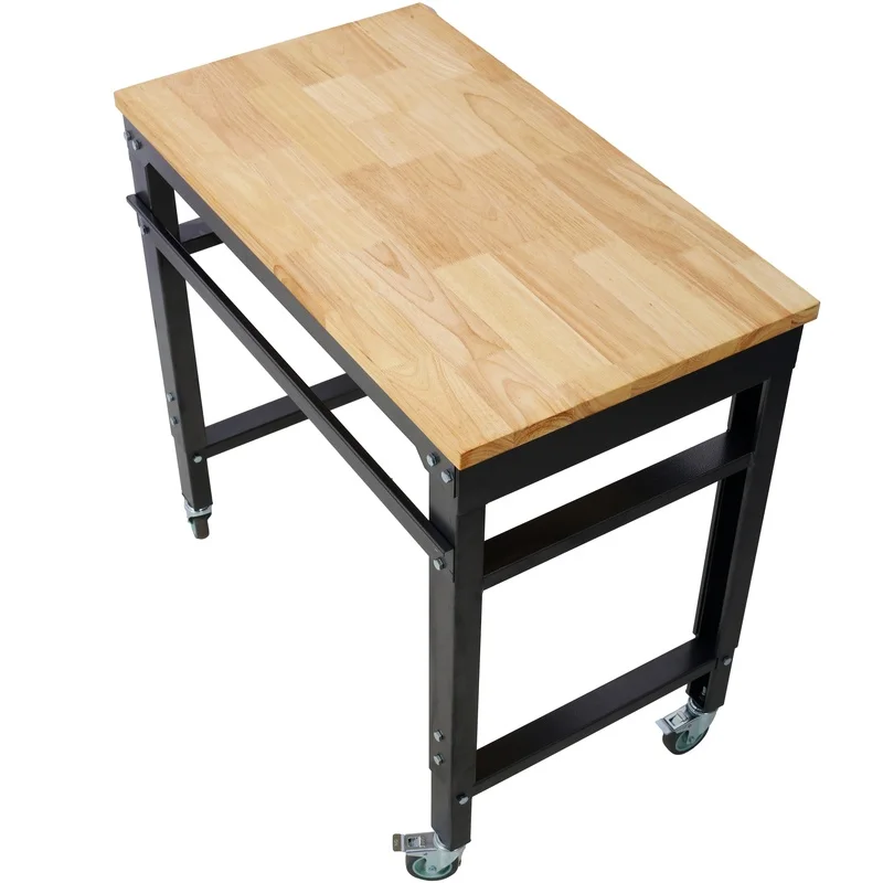 

35" Adjustable Height Rolling Workbench with Rubber Wood Top and Black Hammertone Legs