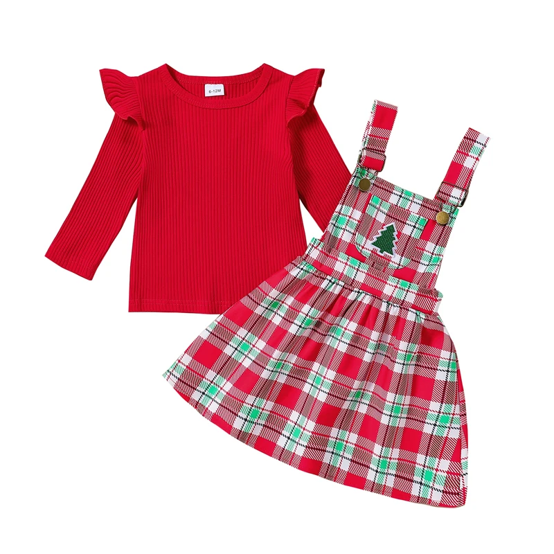 

Girls 2PCS Christmas Skirt Sets Flying Sleeve Solid Color Tops Plaid Suspender Skirt Sets