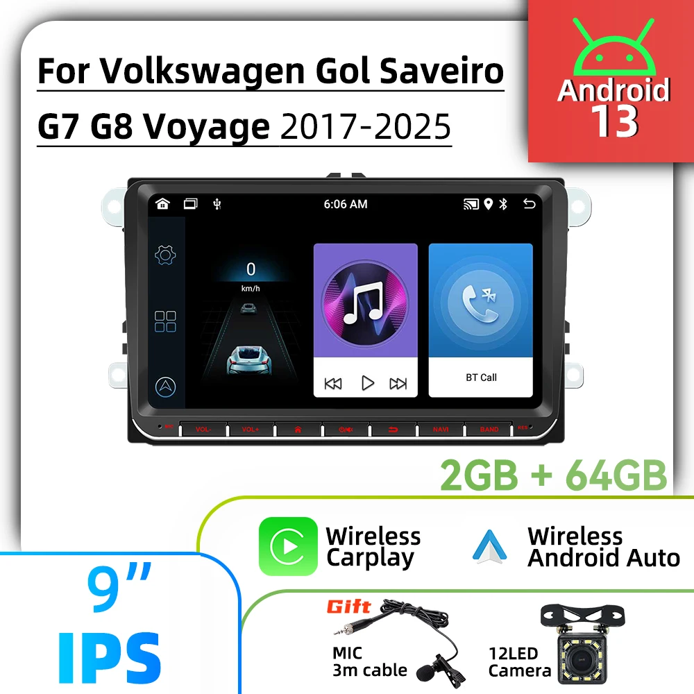 Autorádio 2Din Android Multimídia para Carro 9" Estéreo para VW Volkswagen Gol Saveiro G7 G8 Voyage 2017-2025 Rádio GPS com Carplay Sem Fio