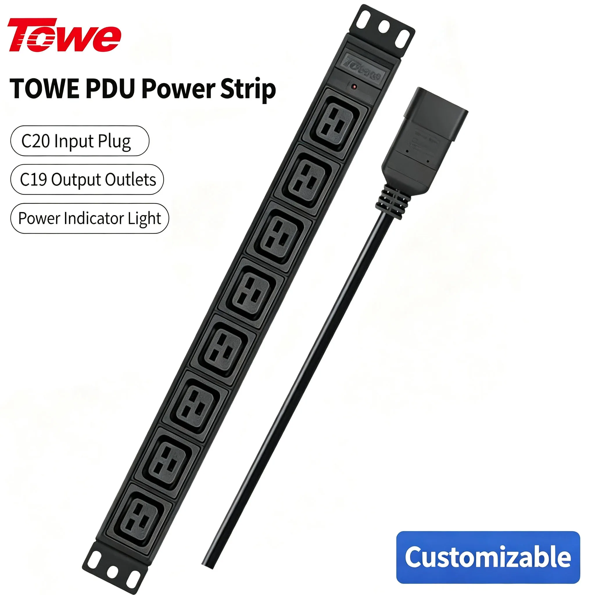 TOWE High Power Rack Mount PDU 8x IEC C19 Outlet C20 Input LED Monitor Power Distribution Unit for AI Server Data Center
