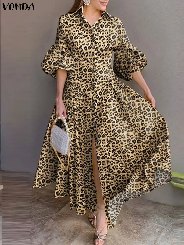 Plus Size 5XL VONDA Fashion Leopard Print Maxi Vestidos Women Autumn Lantern Sleeve Long Shirt Dress Pleated Elegant Party Robe
