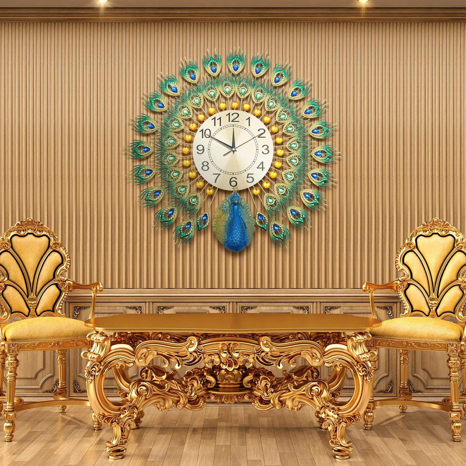 Metal Colorful Wall Hanging Peacock Luxury Diamond Wall Clock Living Room