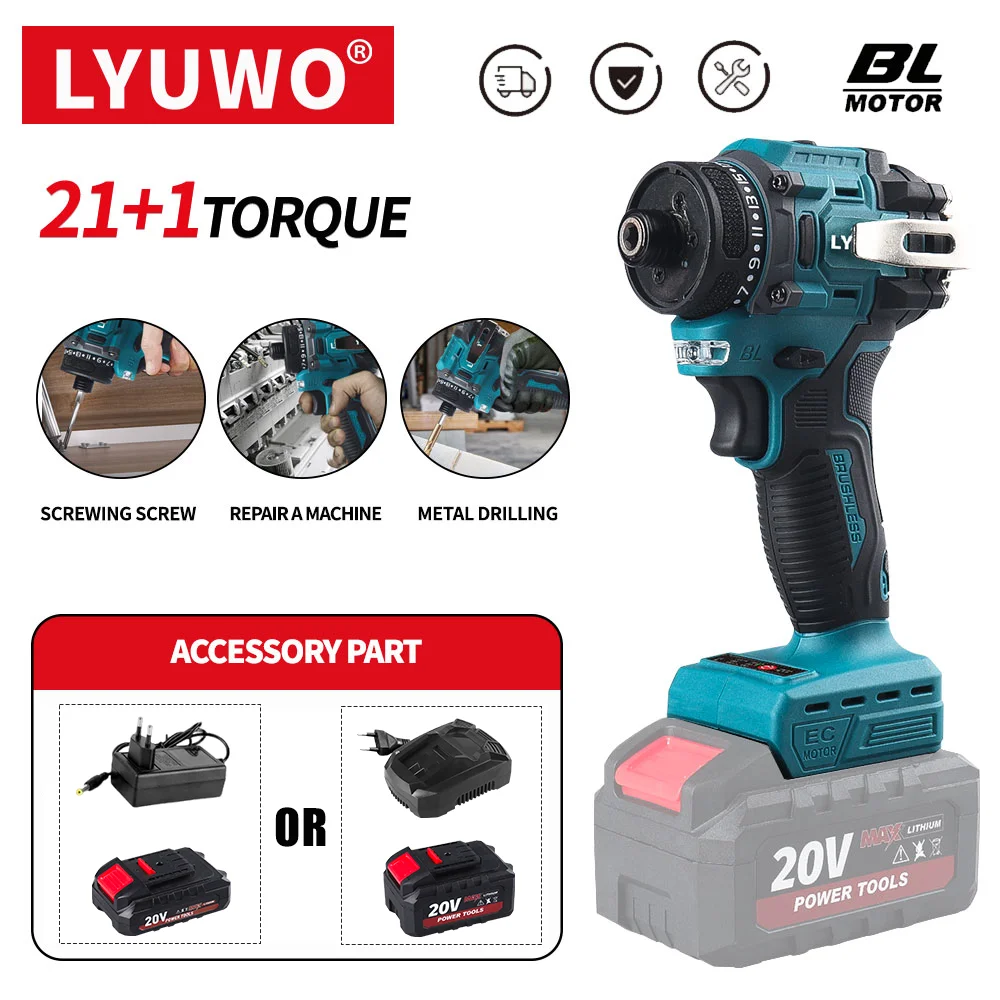 LYUWO 1/4 Inch Brushless Electric Screwdriver 20+1 High Torque Variable Speed Cordless Electric Drill Electric Tool Wood/Bolt