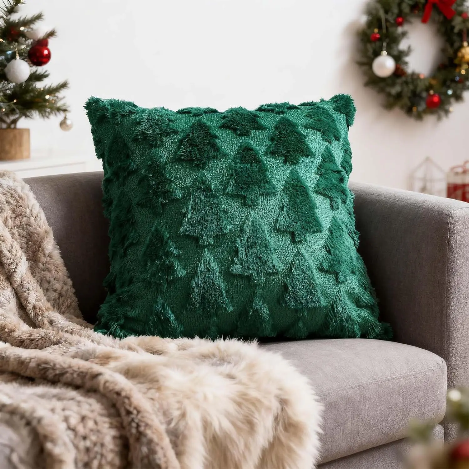

2pcs Christmas Pillow Covers Soft Faux Rabbit Fur 3D Embroidery Christmas Tree Throw Pillow Covers for Holiday Sofa Couch Decor