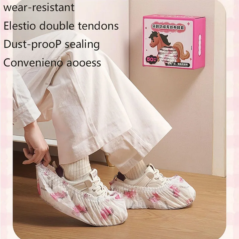 50-Pack Disposable Shoe Covers (Includes a Pair of Snap Fasteners) for Home Use, Thickened Wall-Mounted Non-Woven Shoe Covers, One-Size-Fits-All, Waterproof, Non-Slip, High-Elastic, Pull-Out Style Foot Covers, Suitable for Office, Home, and Workshop Use