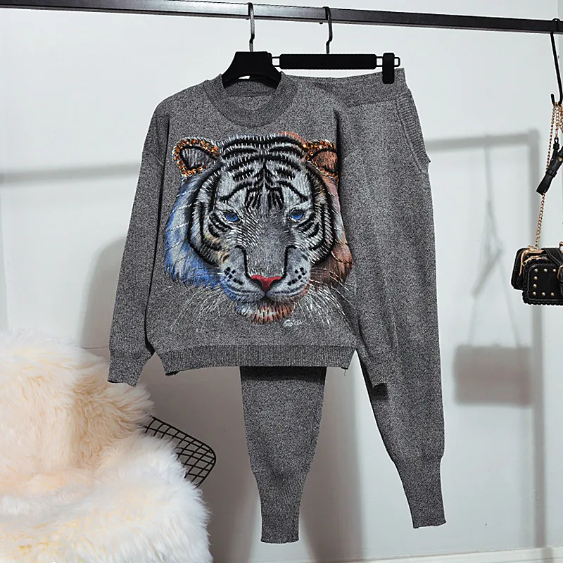 Autumn Winter New Women Fashion Beading Tiger Long Sleeve Knitted Sweater + Casual Two Piece Set Pants Ladies Outfits Tide H549