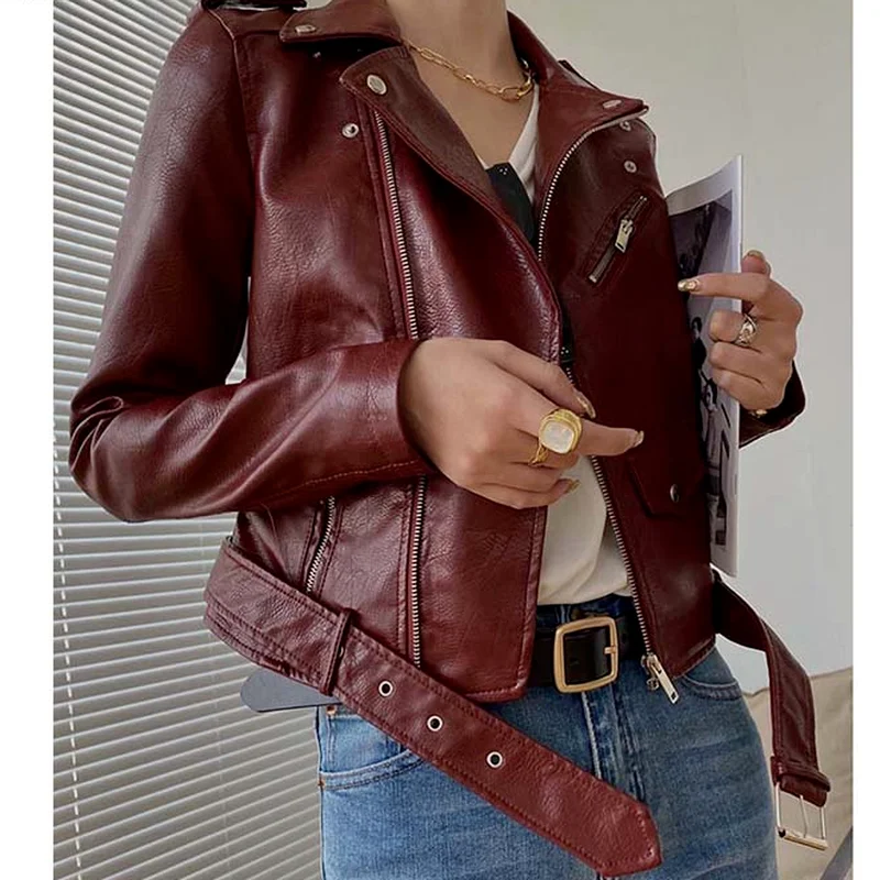 Women Short Coat Female Faux Leather Jackets PU Fashion 2023 Autumn Winter Turn-Down Collar Zippers Belt Motorcycle Gothic Punk