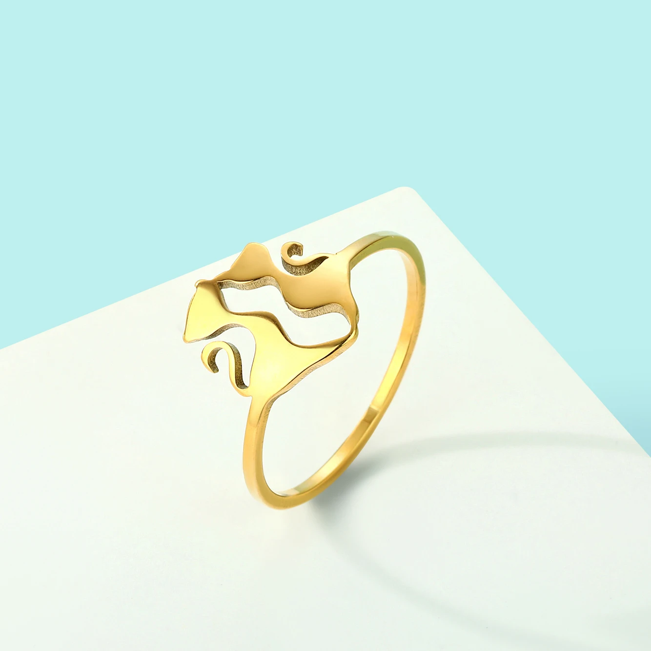 QIAMNI Stainless Steel Cute Cartoon Couple Cat Ring For Women Jewelry Party Pet Lover Gift Fashion Mother Child Cat Animal Rings