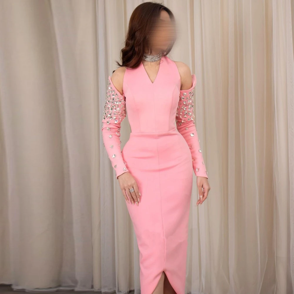 

Fashion Halter Pink Mermiad Beading Prom Dress for Women Ankle-length Evening Party Gown Formal Occasion Dresses فساتين السهرة