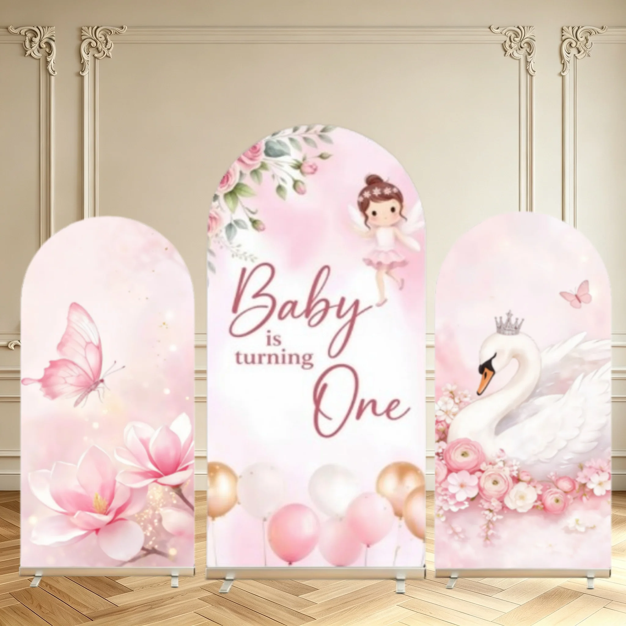 Girl 1st Birthday Arch Backdrop Cover Swan Fairy Pink Flower Butterfly Baby Is Turning One First Birthday Party Decor Arch Cover