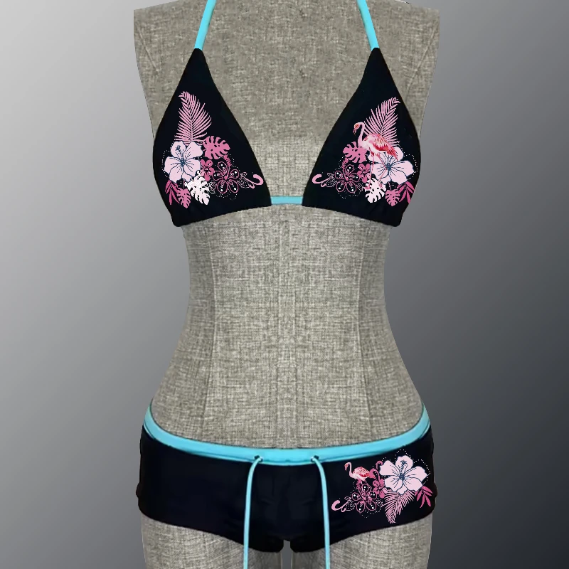 2025 new fashion Y2K retro floral pattern group bikini women's swimsuit hanging triangle lace pants sexy bikini split swimsuit