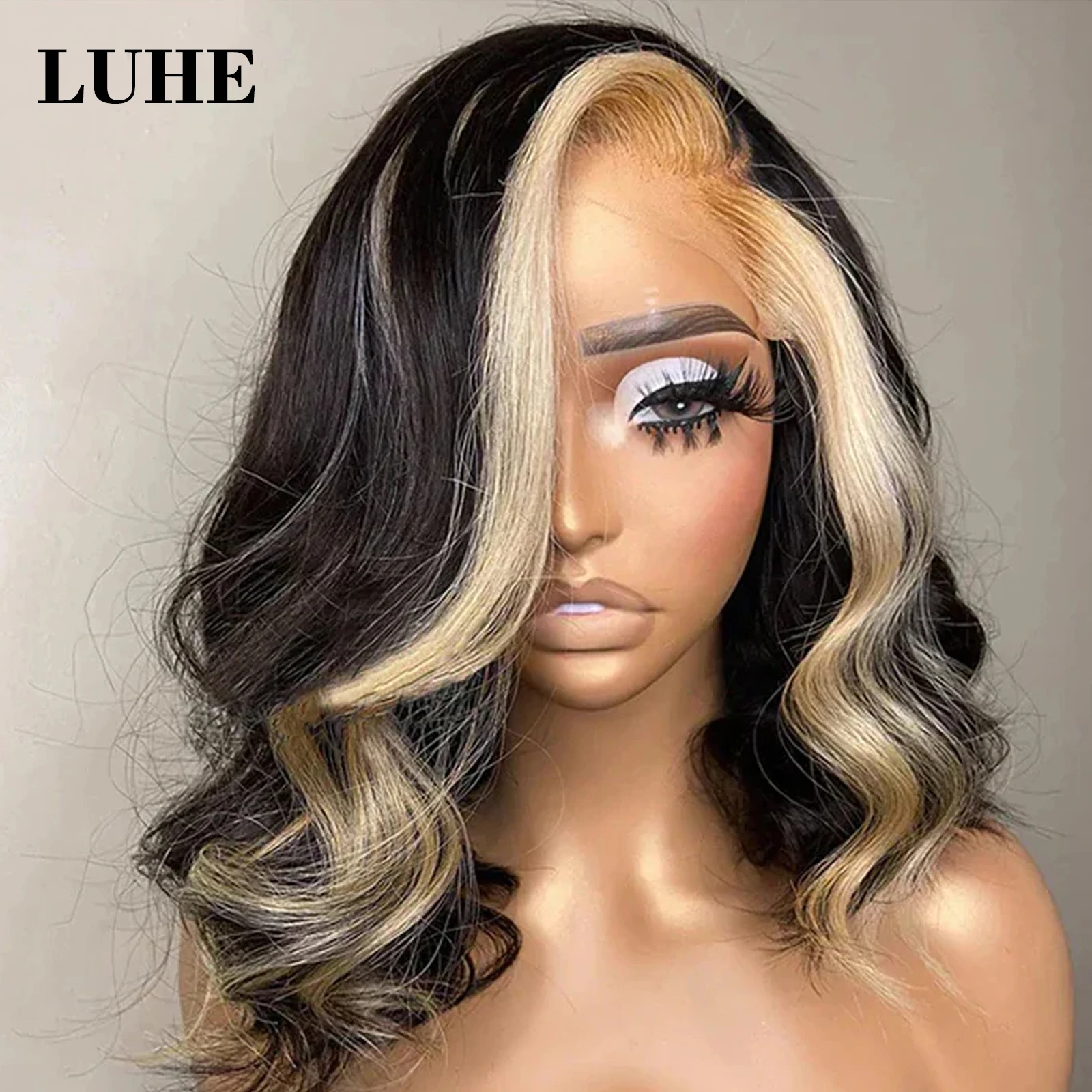 Perruque Lace Front Wig synthétique Body Wave courte noire avec reflets blonds, 13x3, perruque Lace Frontal Wig pour femmes, usage quotidien