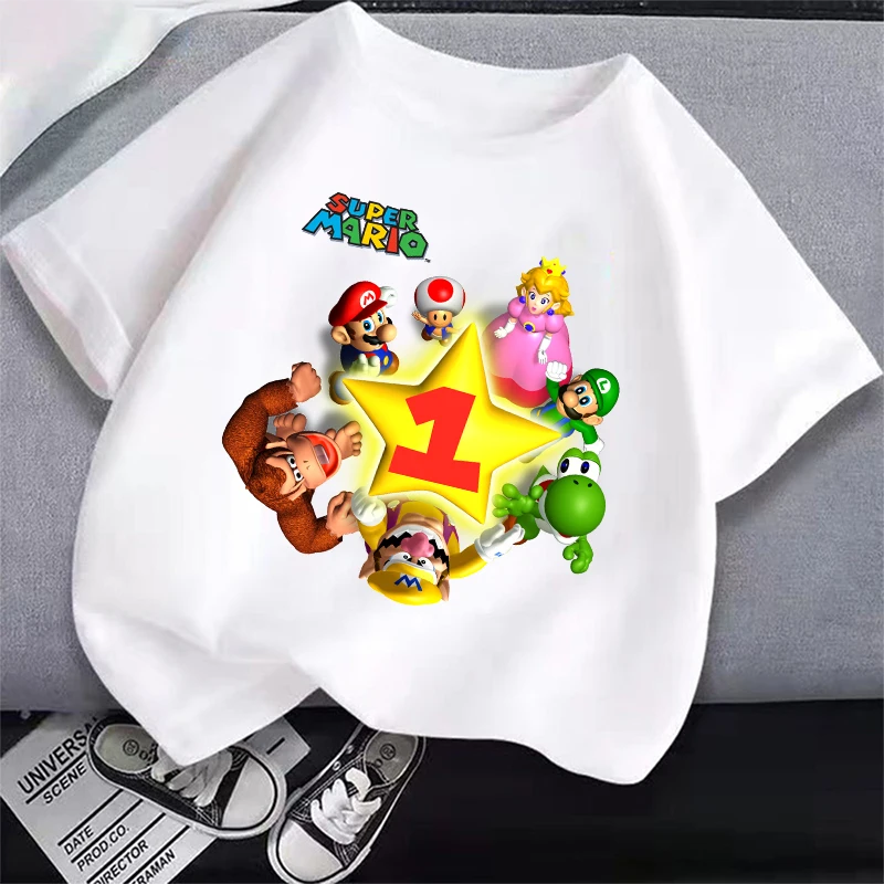

Футболка Super Marios Baby Party, одежда для дня рождения с героями мультфильмов, футболки для мальчиков, белая футболка Kawaii, летние футболки, топы, детская одежда, подарок