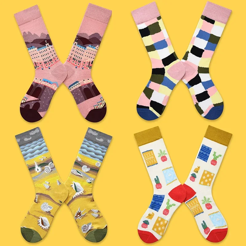 Hip- Hop Trend Women Socks Novel Geometric Florets Personality Design Cotton Sock High Quality Socks  oil painting socks