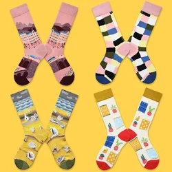 Chaussettes en coton à motifs géométriques pour femmes, chaussons au design de personnalité, chaussettes de peinture à l'huile, tendance hip-hop, haute qualité, roman