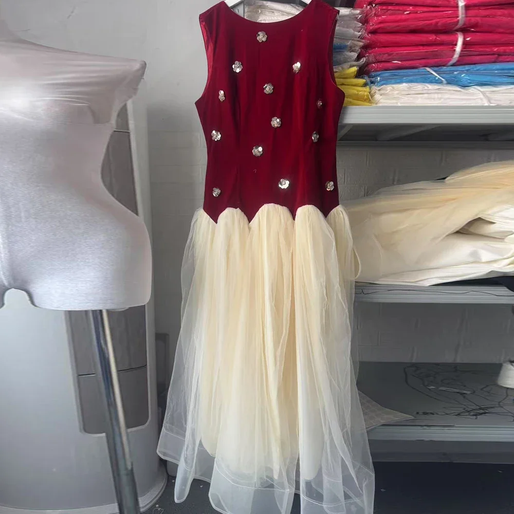 VGH Colorblock 빈티지 댄스 파티 스플 라이스 메쉬 드레스 여성용 라운드 넥 민소매 패치 워크 스팽글 아플리케 미디 드레스 여성