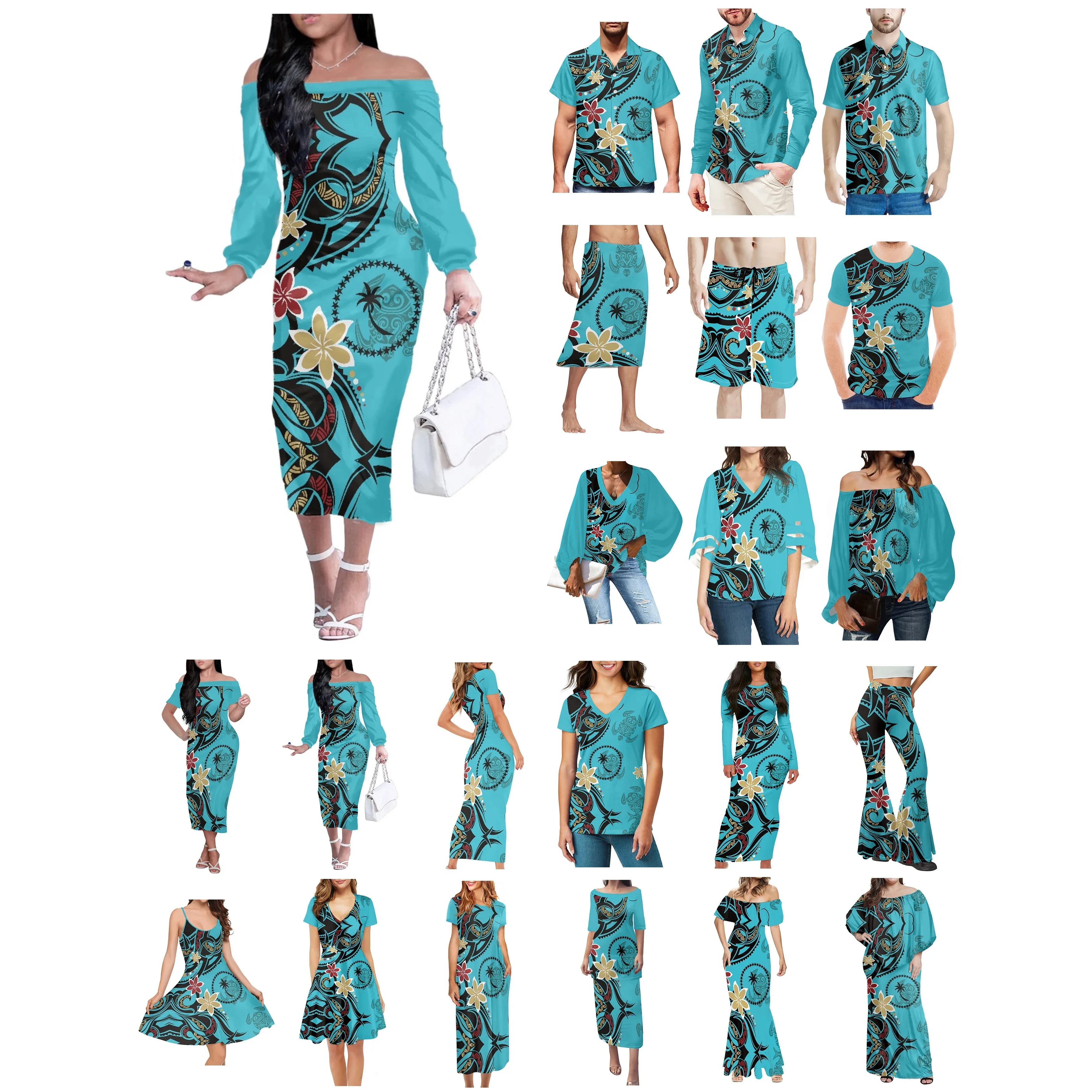 Polynesian Chuuk Tattoo Prints Clothes Women Dress Matching Men Shirt New Style Comfort Breathable Plumeria Blue Lovers Clothes